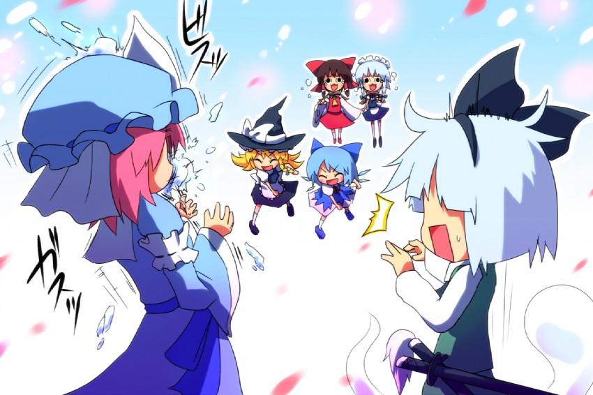 hakurei reimu, kirisame marisa, izayoi sakuya, konpaku youmu, cirno, and 1 more (touhou) drawn by ayakashi_(monkeypanch)