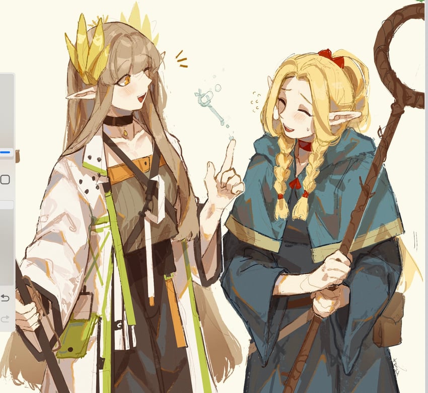 marcille donato and muelsyse (arknights and 1 more) drawn by xaki_(chanxaki)