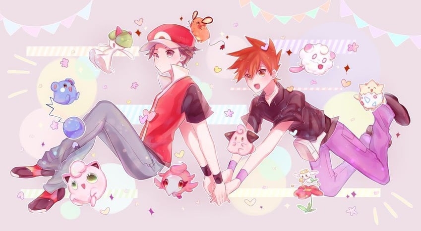 red, blue oak, jigglypuff, ralts, togepi, and 6 more (pokemon and 1 more) drawn by sekaiitinoki