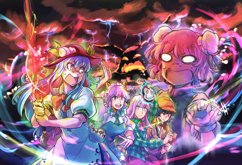 izayoi sakuya, shameimaru aya, hinanawi tenshi, ibuki suika, hata no kokoro, and 1 more (touhou) drawn by yutarou
