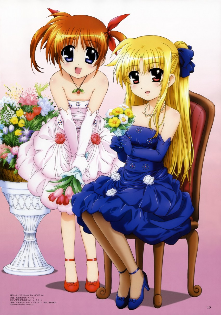 fate testarossa and takamachi nanoha (lyrical nanoha and 2 more) drawn by okuda_yasuhiro