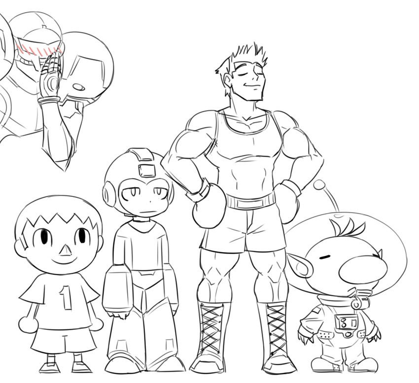 samus aran, mega man, olimar, villager, and little mac (super smash bros. and 5 more) drawn by matsu-sensei