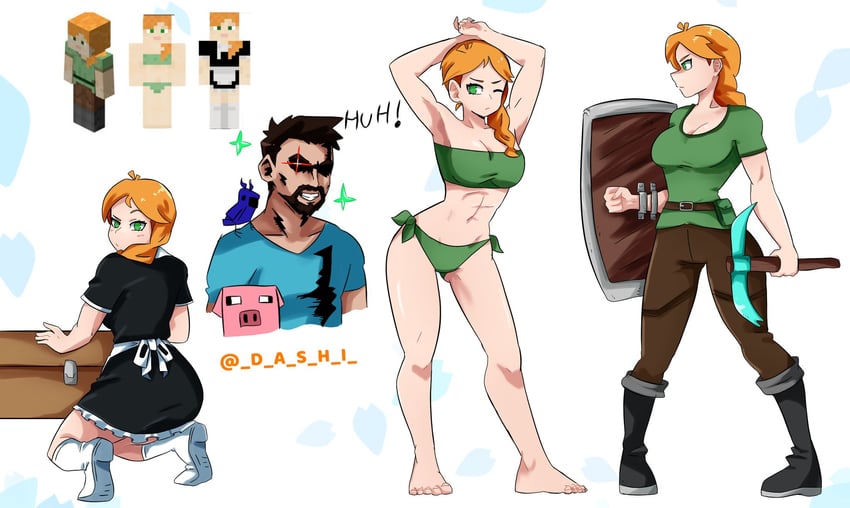 steve, alex, pig, and parrot (minecraft) drawn by dashi_(dashiart)