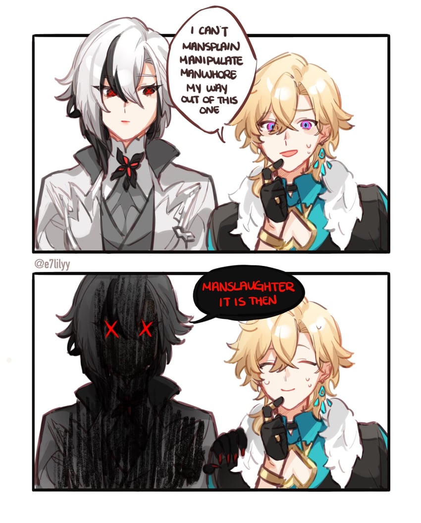 arlecchino and aventurine (genshin impact and 3 more) drawn by alkalilyy