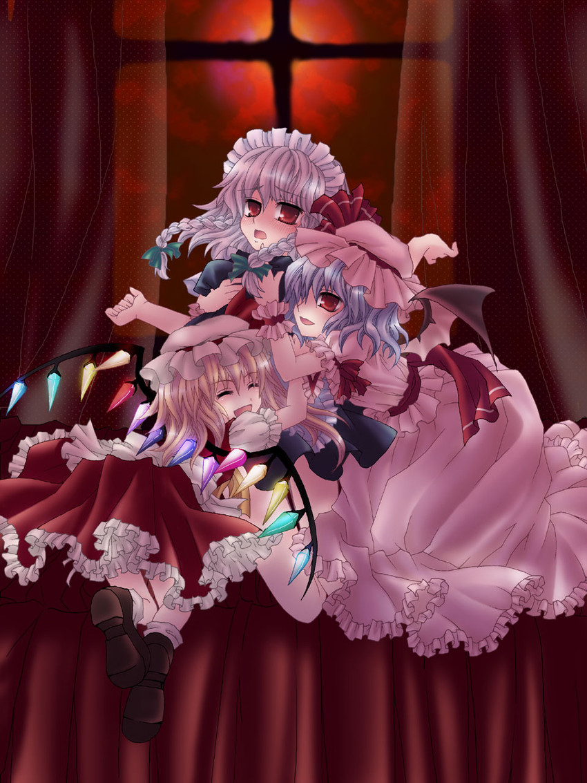 remilia scarlet, flandre scarlet, and izayoi sakuya (touhou) drawn by tentorisan_juusan
