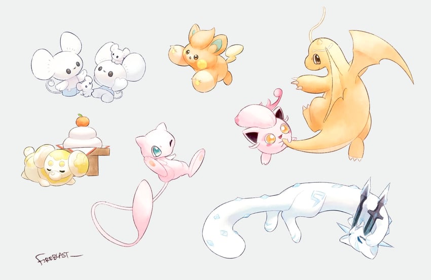 mew, dragonite, pawmi, scream tail, fidough, and 2 more (pokemon) drawn by fireblast