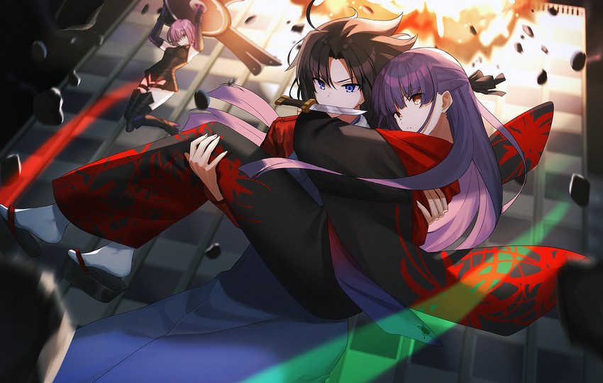 mash kyrielight, ryougi shiki, and asagami fujino (fate and 2 more) drawn by okakasushi