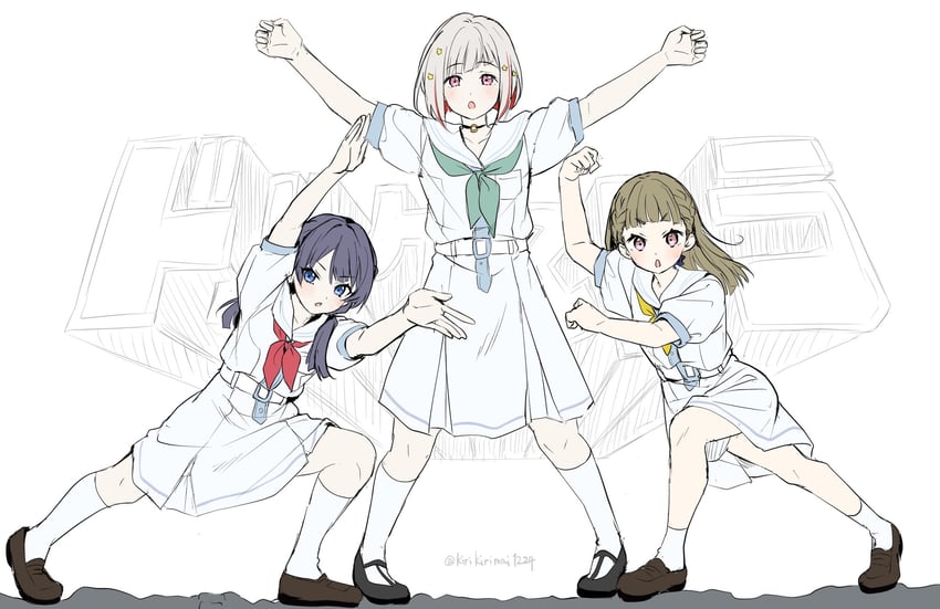 murano sayaka, yugiri tsuzuri, and kachimachi kosuzu (love live! and 1 more) drawn by kirikirimai_(kkm)