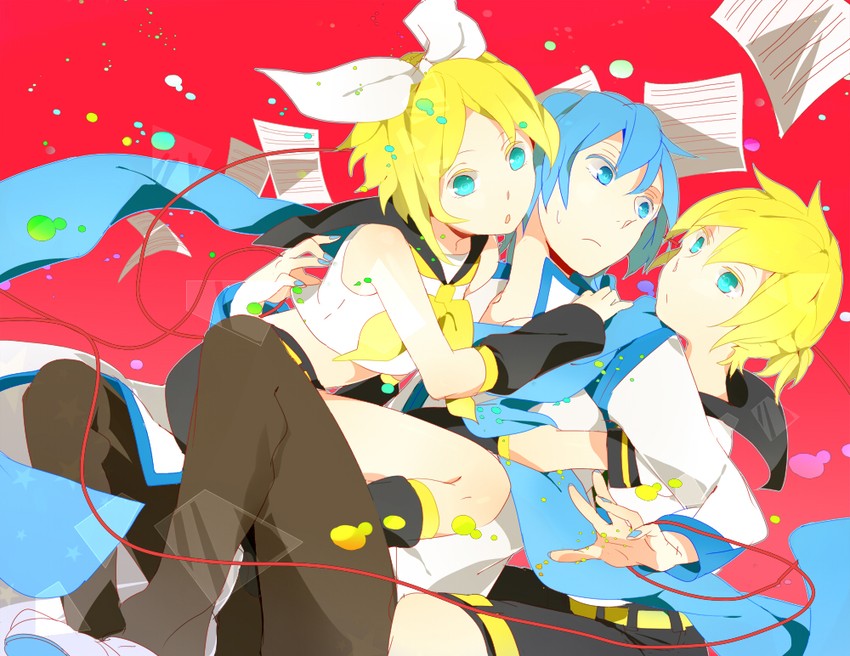 kagamine rin, kagamine len, and kaito (vocaloid) drawn by al_(arupaka)