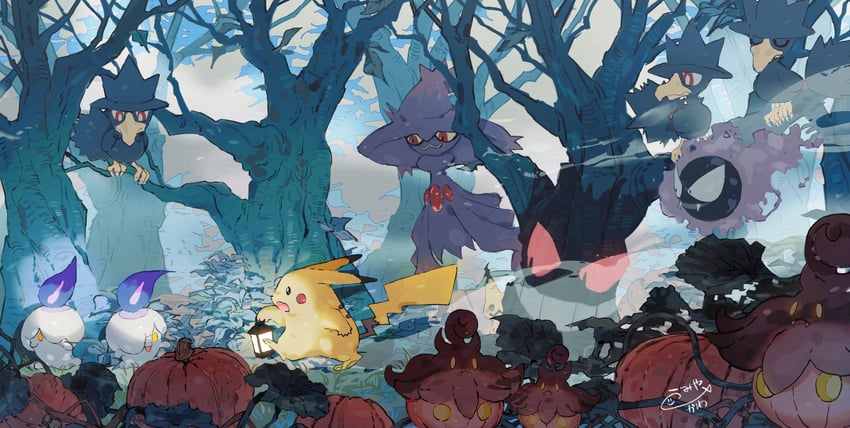 pikachu, gengar, mimikyu, litwick, gastly, and 3 more (pokemon) drawn by aisutabetao