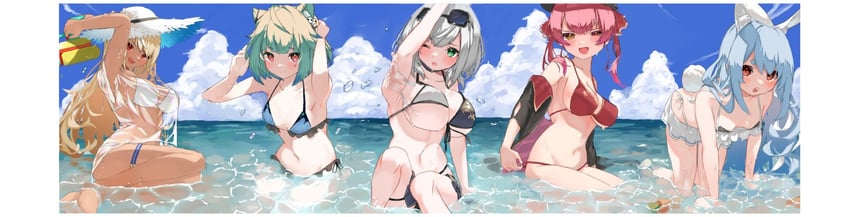 houshou marine, usada pekora, shirogane noel, uruha rushia, and shiranui flare (hololive) drawn by takeno_omoti