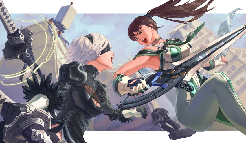 2b, pod, eve, and adam's drone (nier and 2 more) drawn by ponaponyo