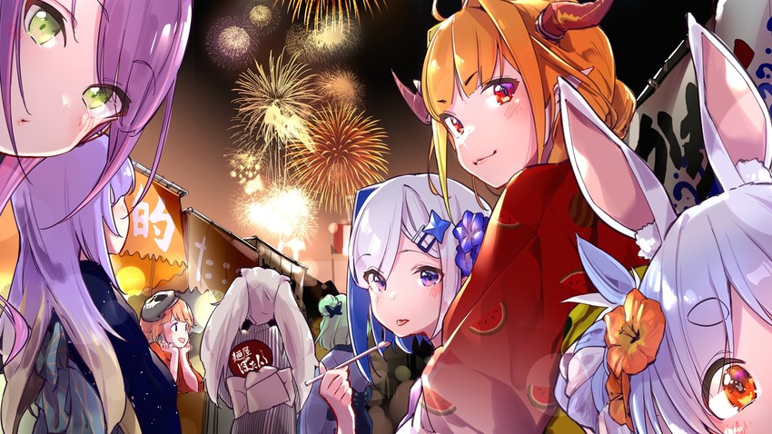 usada pekora, takanashi kiara, tokoyami towa, amane kanata, shishiro botan, and 4 more (hololive and 2 more) drawn by yuyaiyaui
