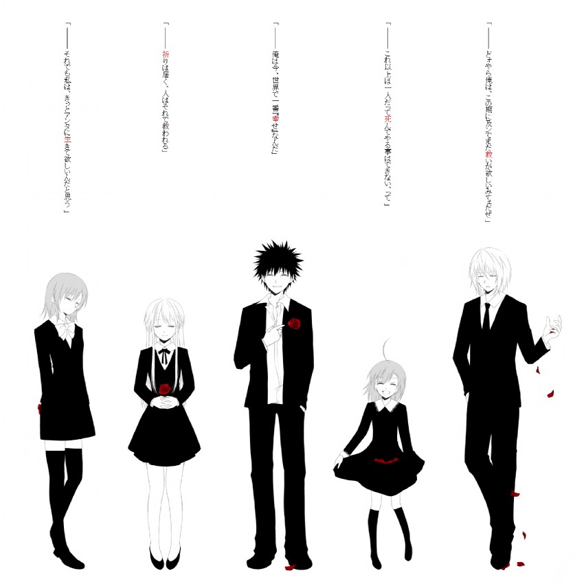 misaka mikoto, kamijou touma, accelerator, index, and last order (toaru majutsu no index) drawn by neconabe_c7