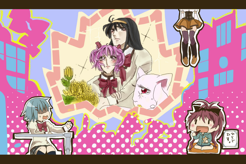 akemi homura, kaname madoka, miki sayaka, sakura kyoko, tomoe mami, and 1 more (mahou shoujo madoka magica) drawn by omingo