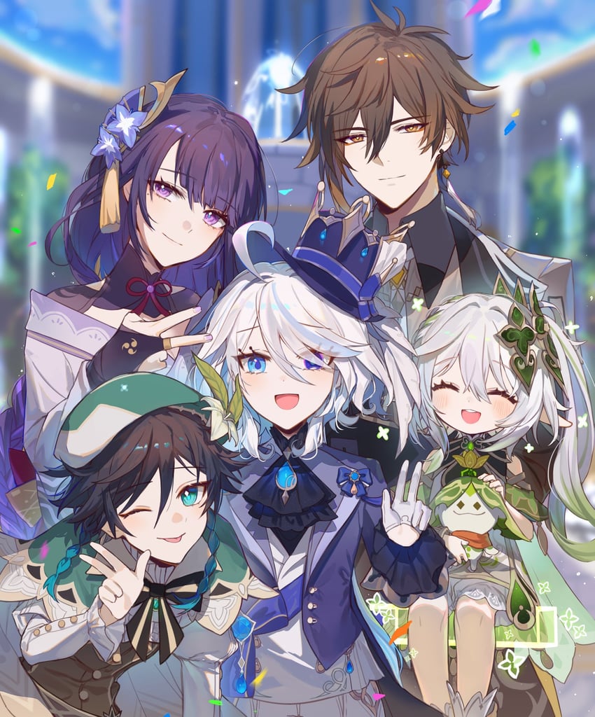 raiden shogun, furina, nahida, zhongli, venti, and 1 more (genshin impact) drawn by sp0i0ppp