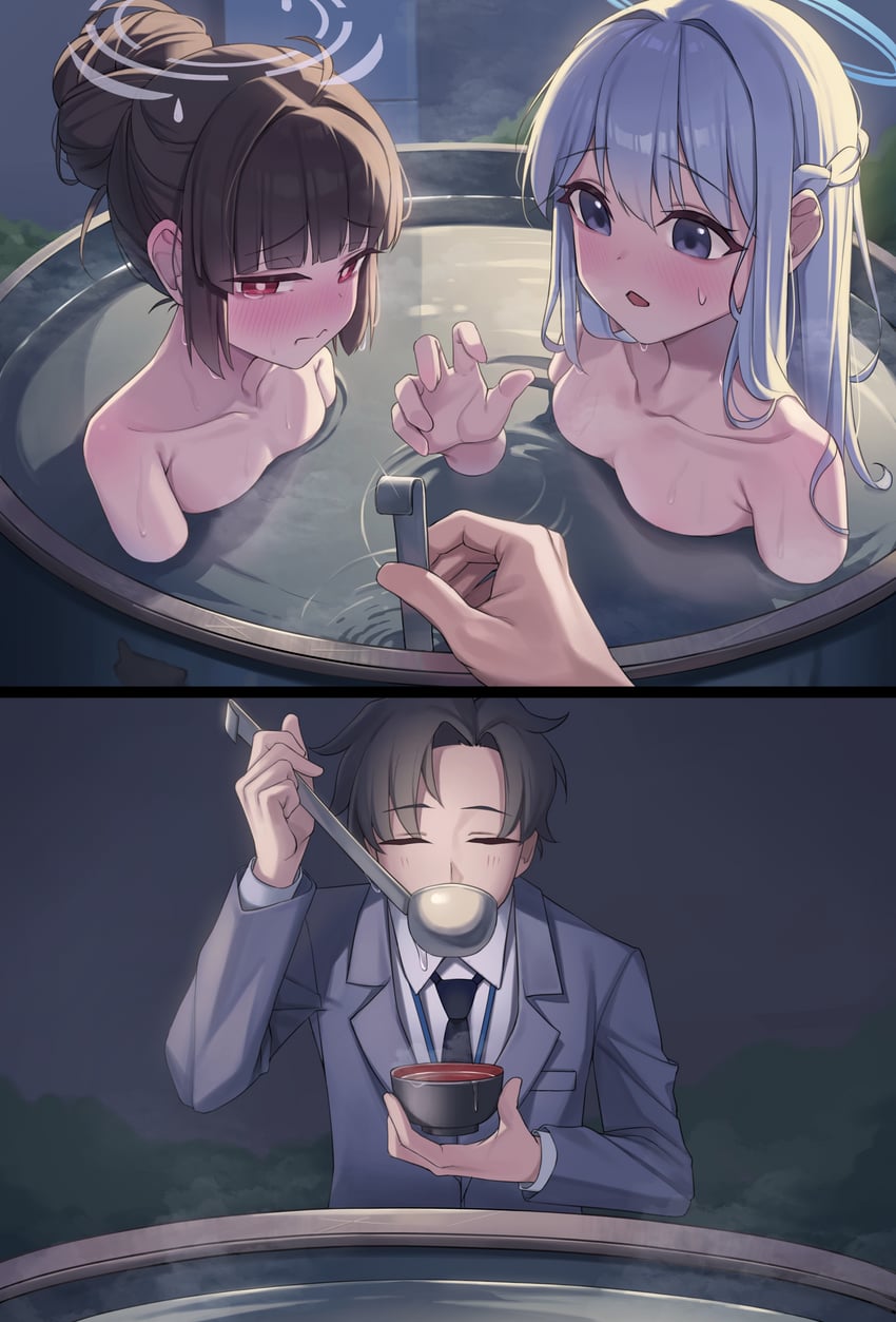 sensei, miyu, and miyako (blue archive and 1 more) drawn by um_111