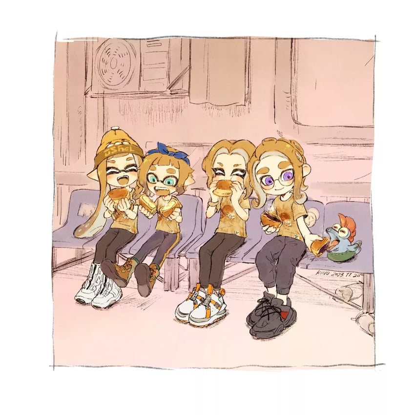 inkling player character, inkling girl, octoling player character, octoling girl, octoling boy, and 1 more (splatoon and 1 more) drawn by hisu