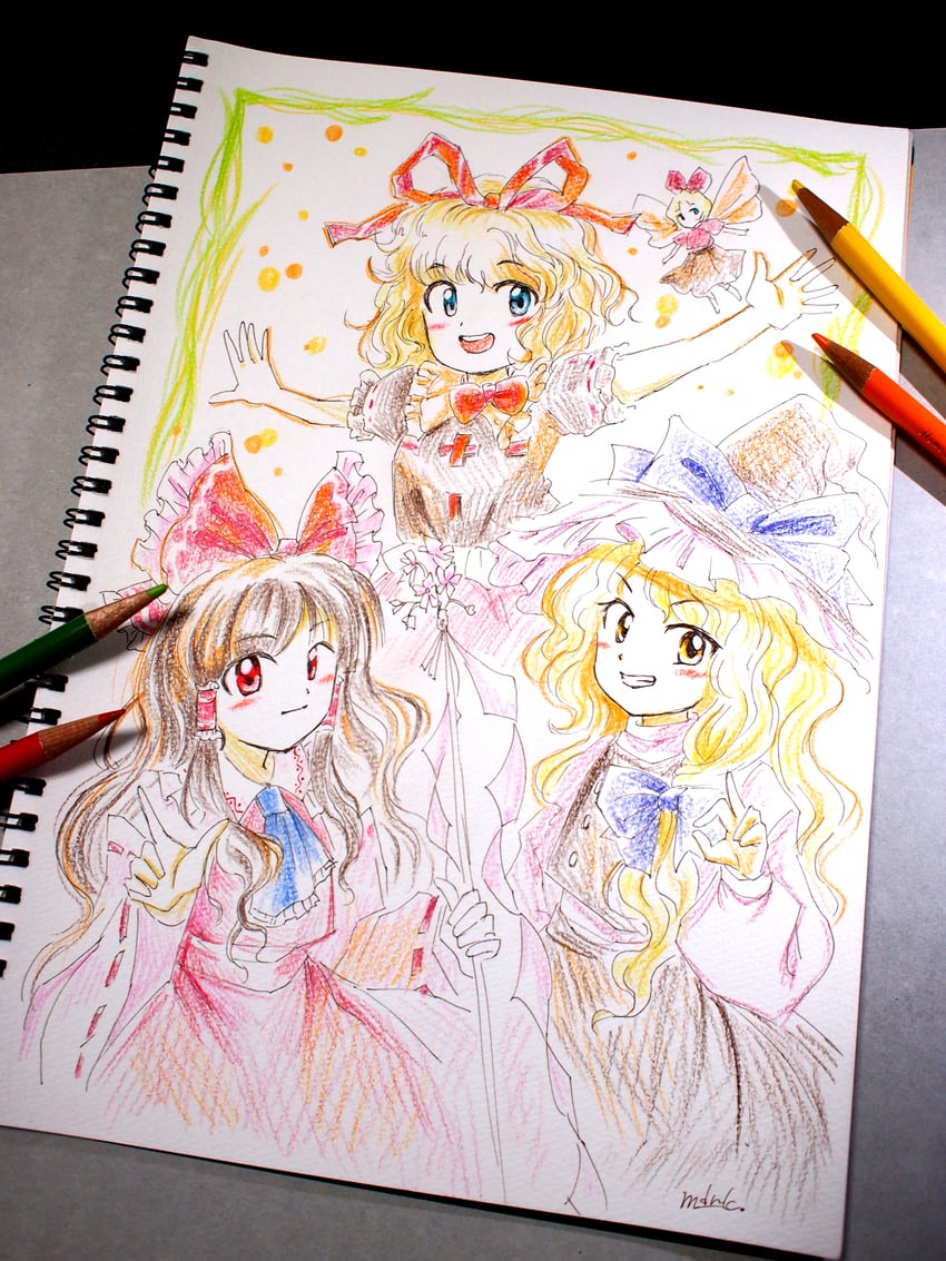 hakurei reimu, kirisame marisa, medicine melancholy, and su-san (touhou and 1 more) drawn by medinki