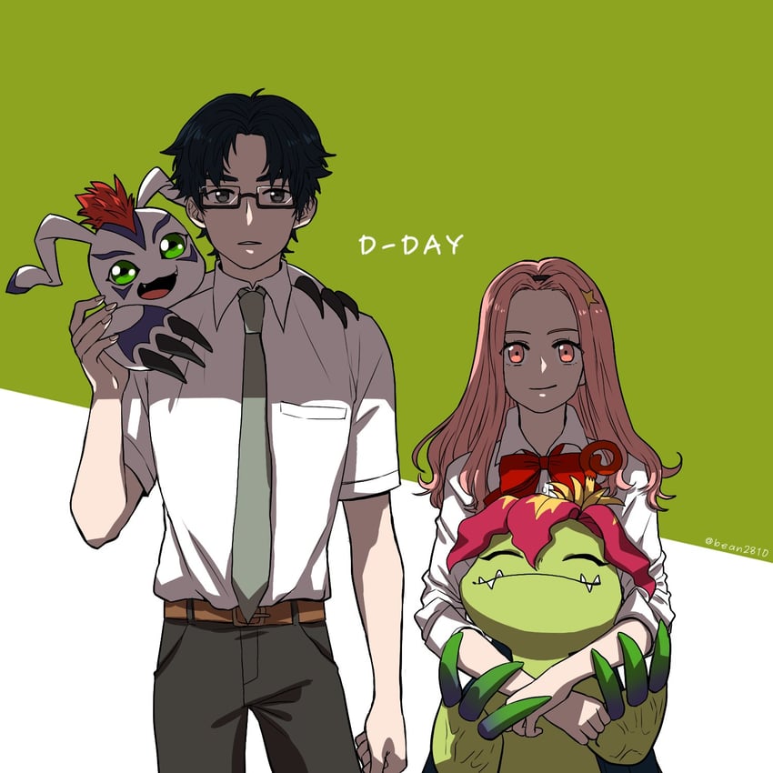 tachikawa mimi, palmon, kido jo, and gomamon (digimon and 1 more) drawn by bean32