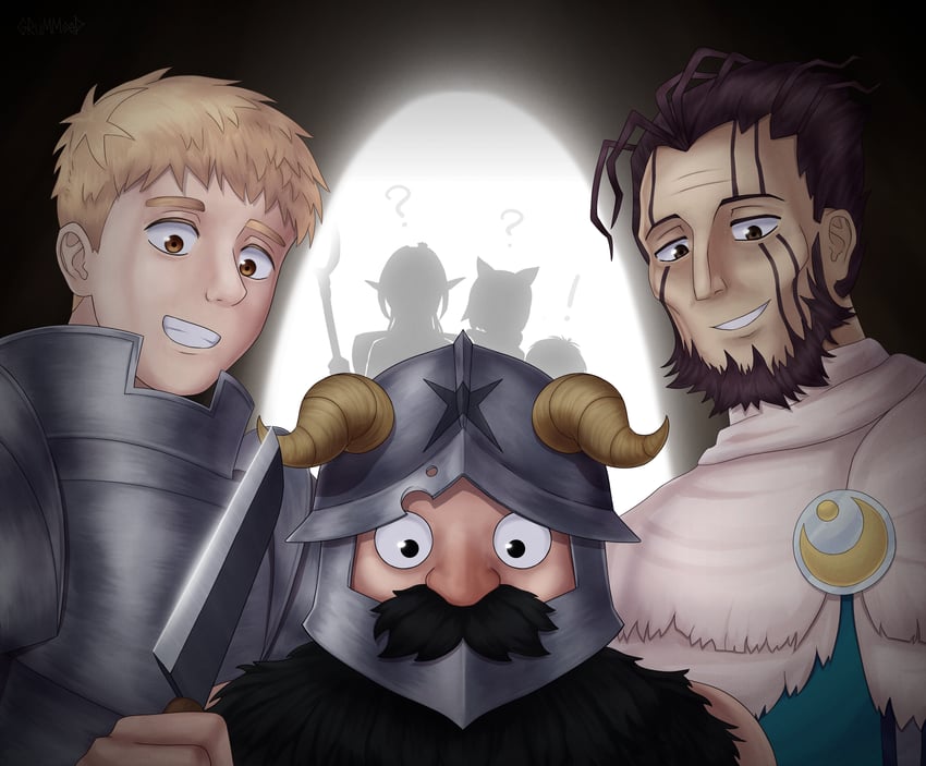 marcille donato, laios touden, senshi, chilchuck tims, izutsumi, and 1 more (dungeon meshi and 1 more) drawn by grummsed