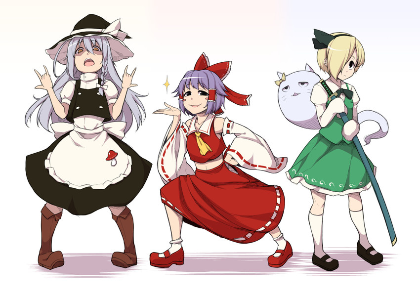 hakurei reimu, kirisame marisa, konpaku youmu, shirasaka koume, koshimizu sachiko, and 2 more (touhou and 2 more) drawn by shachi_kamaboko