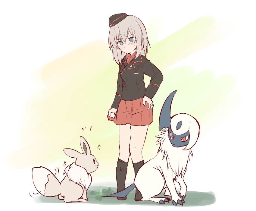 itsumi erika, eevee, and absol (pokemon and 1 more) drawn by miluke