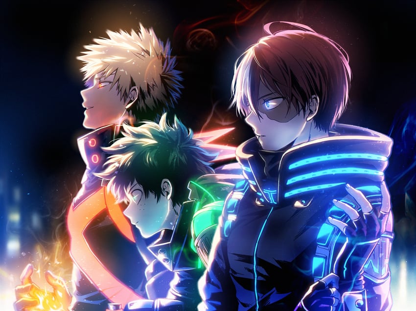 midoriya izuku, bakugou katsuki, and todoroki shoto (boku no hero academia) drawn by ryutaro_(ryuuuuutaaaxxxx)