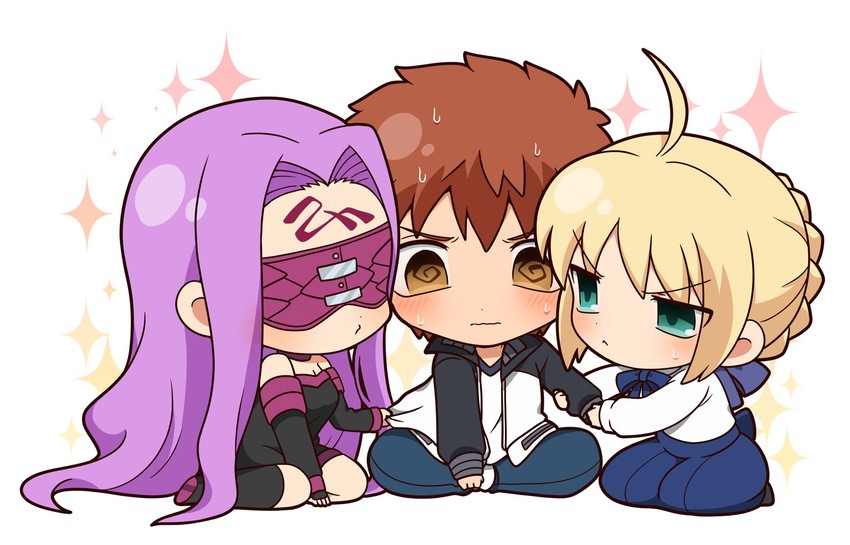 artoria pendragon, saber, emiya shirou, and medusa (fate and 1 more) drawn by tsubuta_hiro
