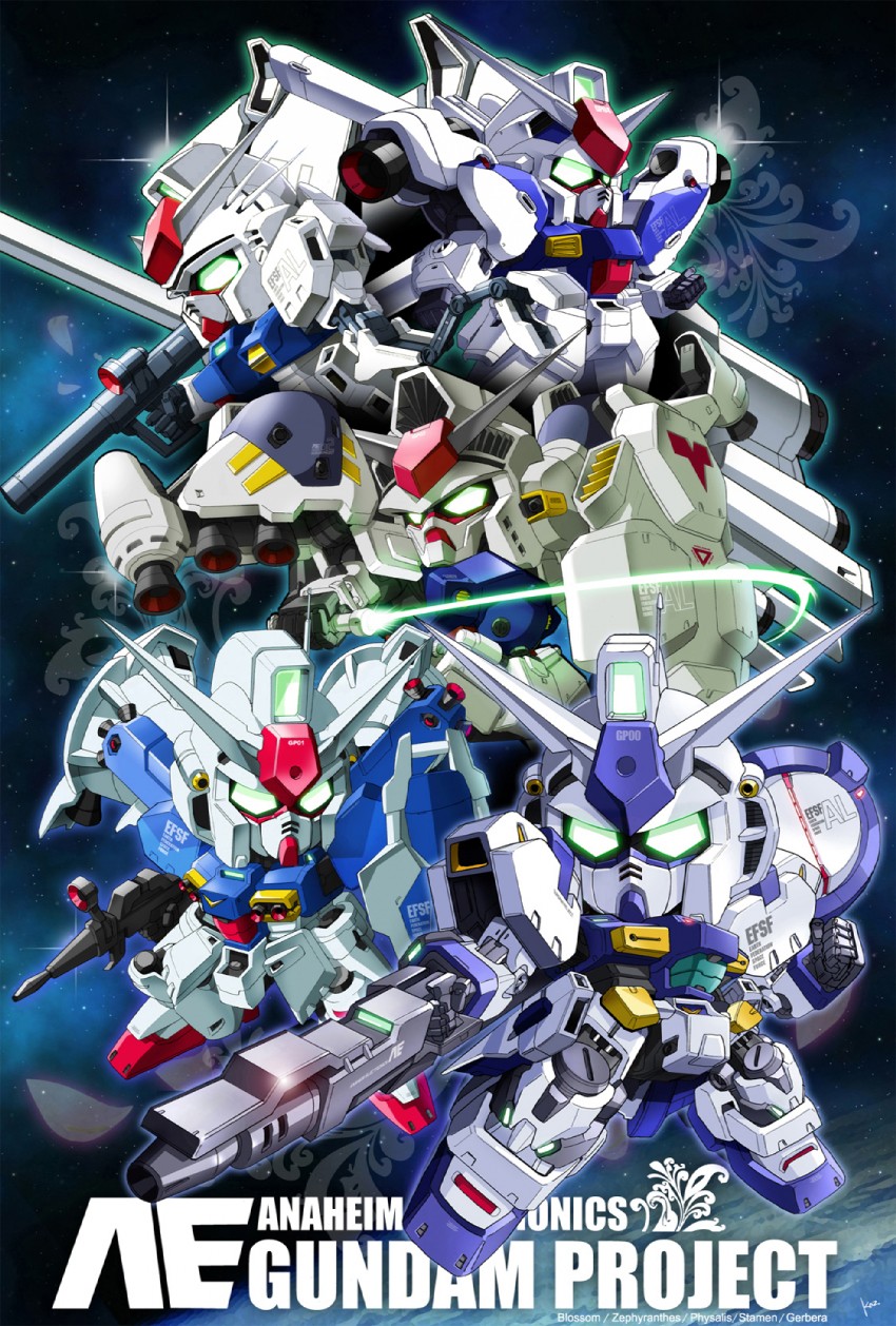 gundam gp-02 physalis, gundam gp-03 stamen, gundam gp-01 full vernian zephyranthes, gundam gp-04 gerbera, and gundam gp-00 blossom (gundam and 2 more) drawn by kaz_(kaz323)