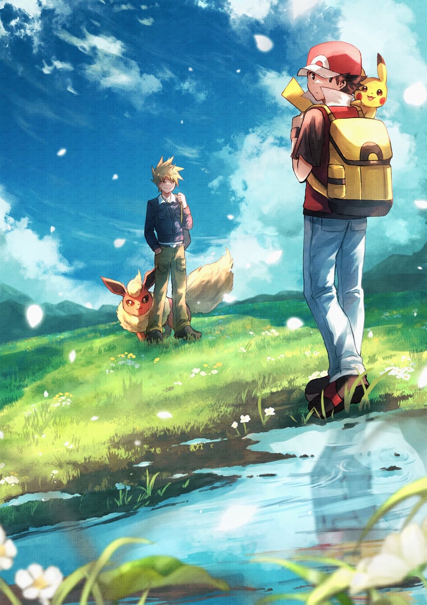 pikachu, red, blue oak, and flareon (pokemon and 2 more) drawn by shiruko_(s1ruko)