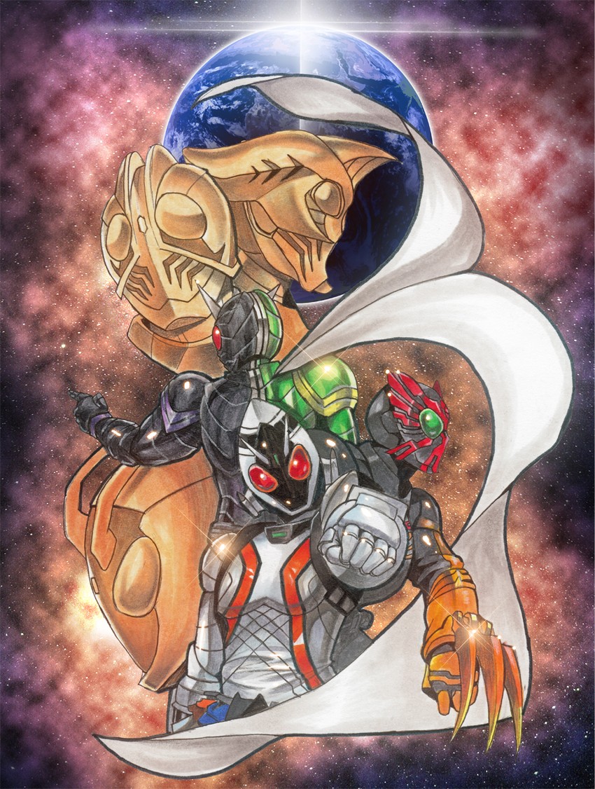kamen rider double, kamen rider ooo, kamen rider fourze, kamen rider nadeshiko, kamen rider aqua, and 1 more (kamen rider and 4 more) drawn by taroro