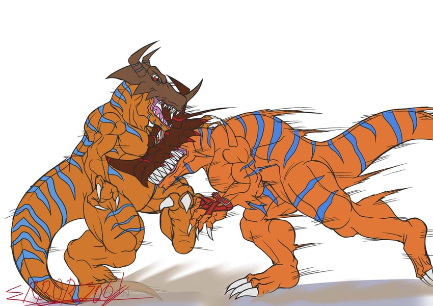 greymon and geogreymon (digimon) drawn by errork03