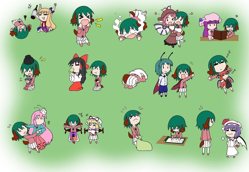 hakurei reimu, remilia scarlet, patchouli knowledge, yakumo yukari, mystia lorelei, and 6 more (touhou) drawn by rakugaki-biyori