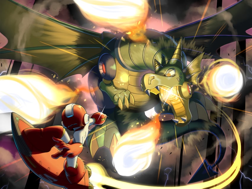 mega man and mecha dragon (mega man and 1 more) drawn by napo