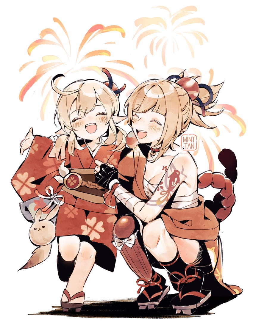 klee, yoimiya, and dodoco (genshin impact) drawn by mint-tan