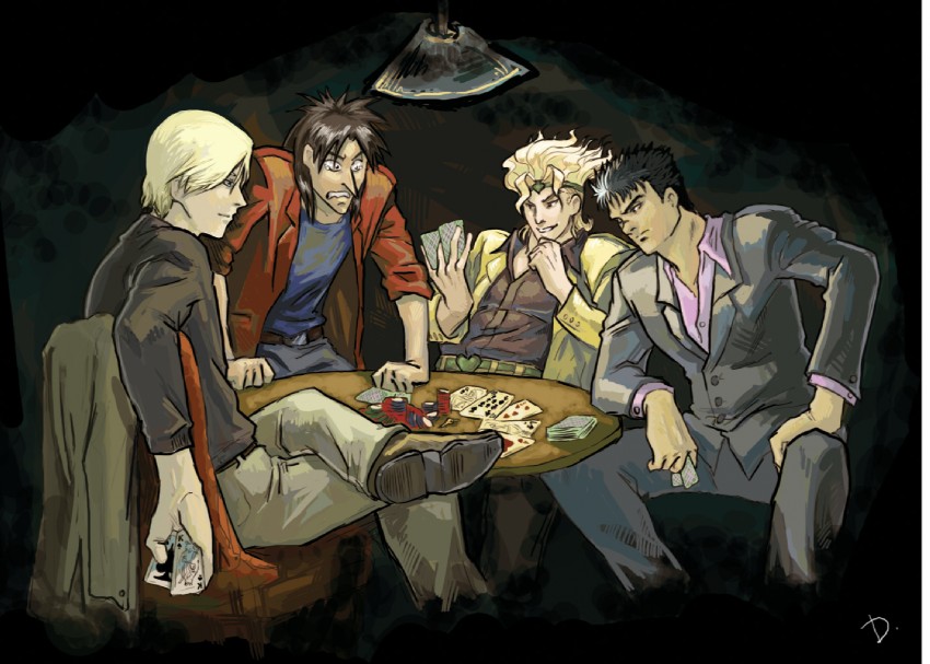 dio brando, guts, itou kaiji, and johan liebert (jojo no kimyou na bouken and 4 more) drawn by drawfag and shroedinger