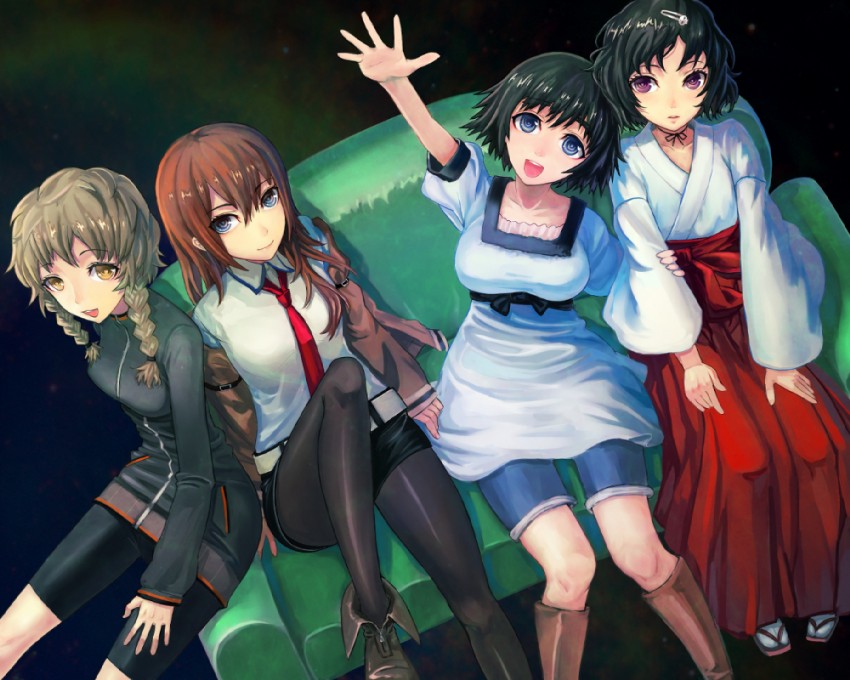 makise kurisu, shiina mayuri, amane suzuha, and urushibara luka (steins;gate) drawn by chikokuma