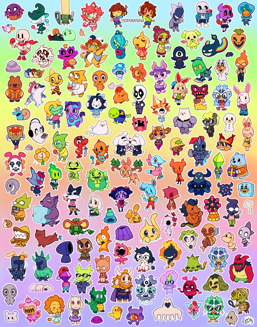 frisk, chara, sans, undyne, papyrus, and 119 more (undertale) drawn by extyrannomon