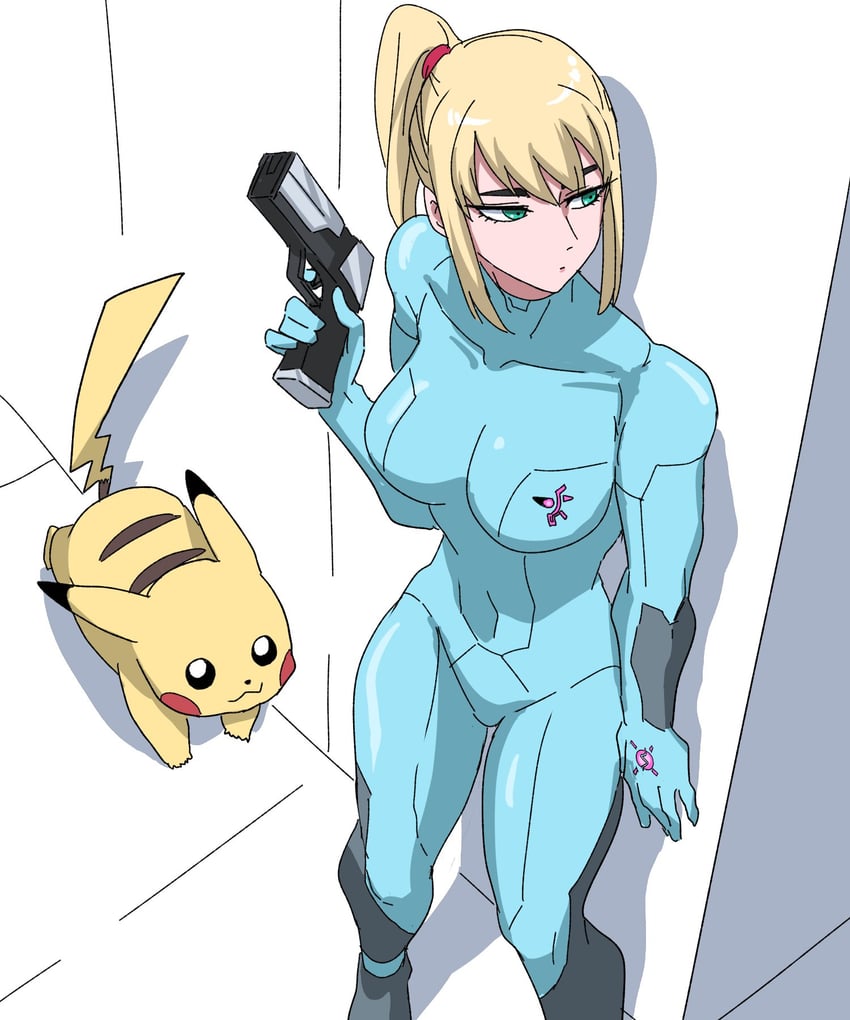 pikachu and samus aran (pokemon and 2 more) drawn by nasu_(ilo_a5)