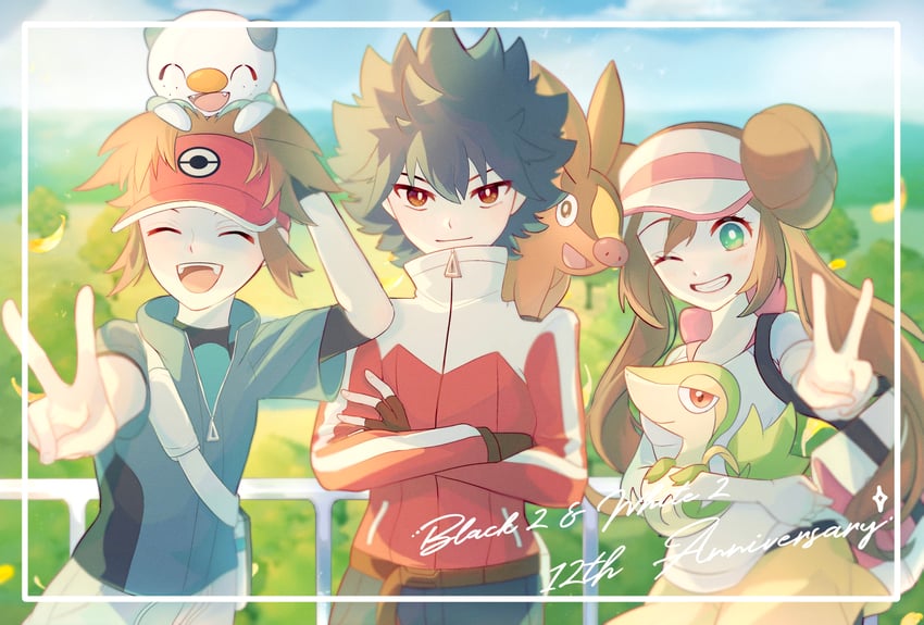 rosa, oshawott, snivy, tepig, nate, and 1 more (pokemon and 1 more) drawn by ryusa_(gjgd7445)
