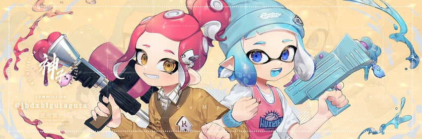 inkling player character, inkling girl, octoling player character, and octoling girl (splatoon) drawn by jinkoika