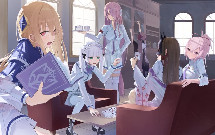 shirakawa yuina, kiryuu miya, ogasawara hisame, kura satomi, tsukishiro monaka, and 1 more (heaven burns red) drawn by watatabeseeds