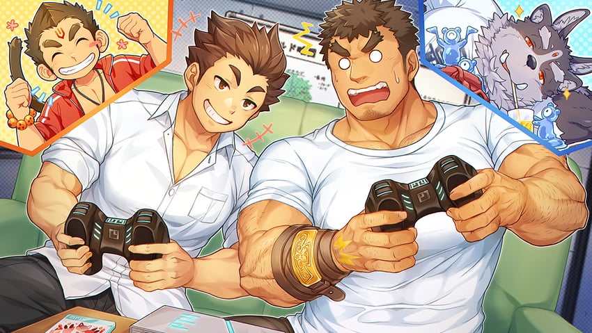 takabushi kengo, tsathoggua, protagonist, and hanuman (tokyo afterschool summoners) drawn by gozu_farm