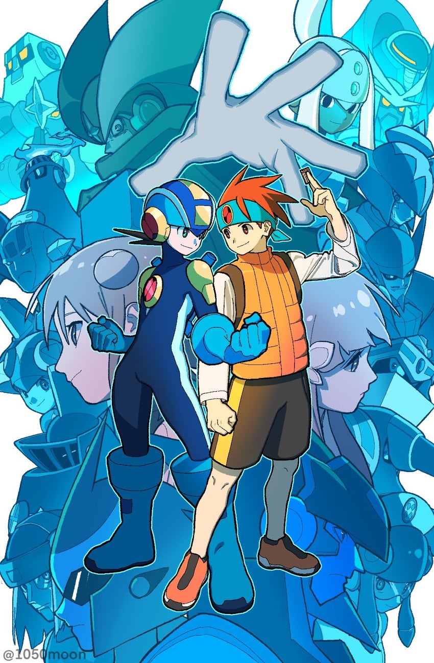 megaman.exe, lan hikari, roll.exe, mayl sakurai, bass.exe, and 17 more (mega man and 4 more) drawn by shimizugawa