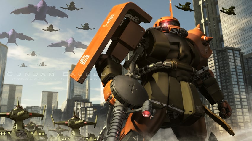 zaku ii, zaku ii s, dopp, magella attack, and gaw (gundam) drawn by s.hasegawa
