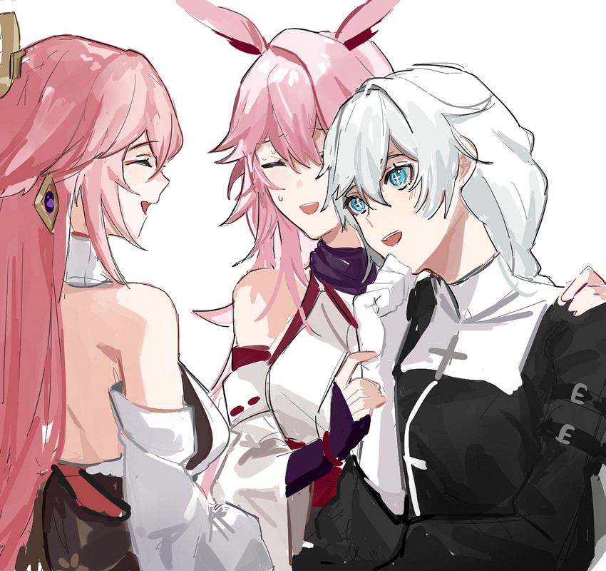 yae miko, yae sakura, and kallen kaslana (genshin impact and 3 more) drawn by 3o_c