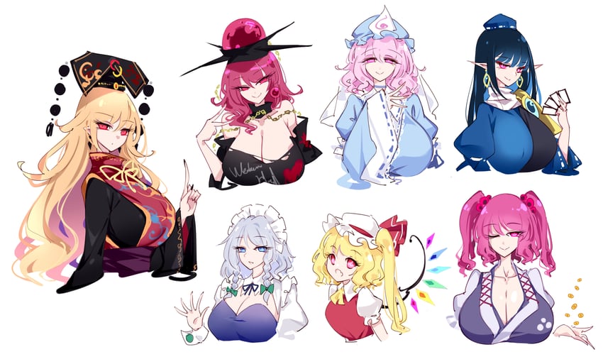 flandre scarlet, izayoi sakuya, saigyouji yuyuko, onozuka komachi, junko, and 2 more (touhou) drawn by raptor7