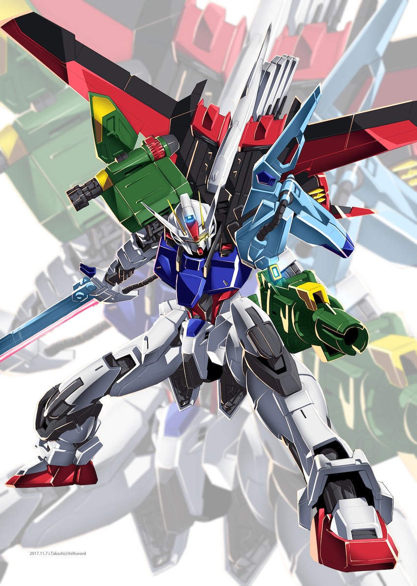 strike gundam and perfect strike gundam (gundam and 1 more) drawn by i.takashi