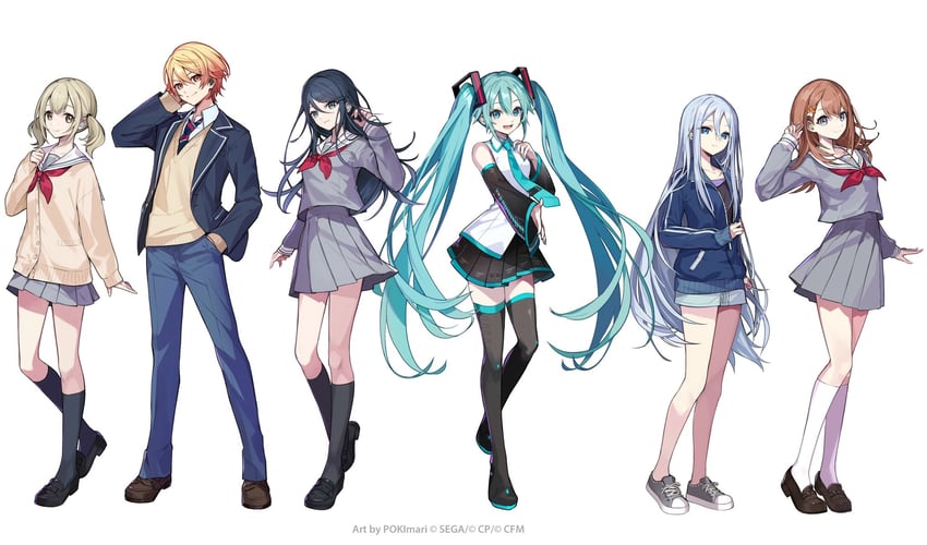 hatsune miku, yoisaki kanade, tenma tsukasa, azusawa kohane, hanasato minori, and 1 more (vocaloid and 2 more) drawn by pokimari
